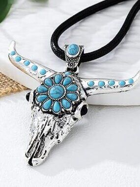 Large Turquoise Flower Longhorn Skull Pendant Cord Necklace Statement Silver